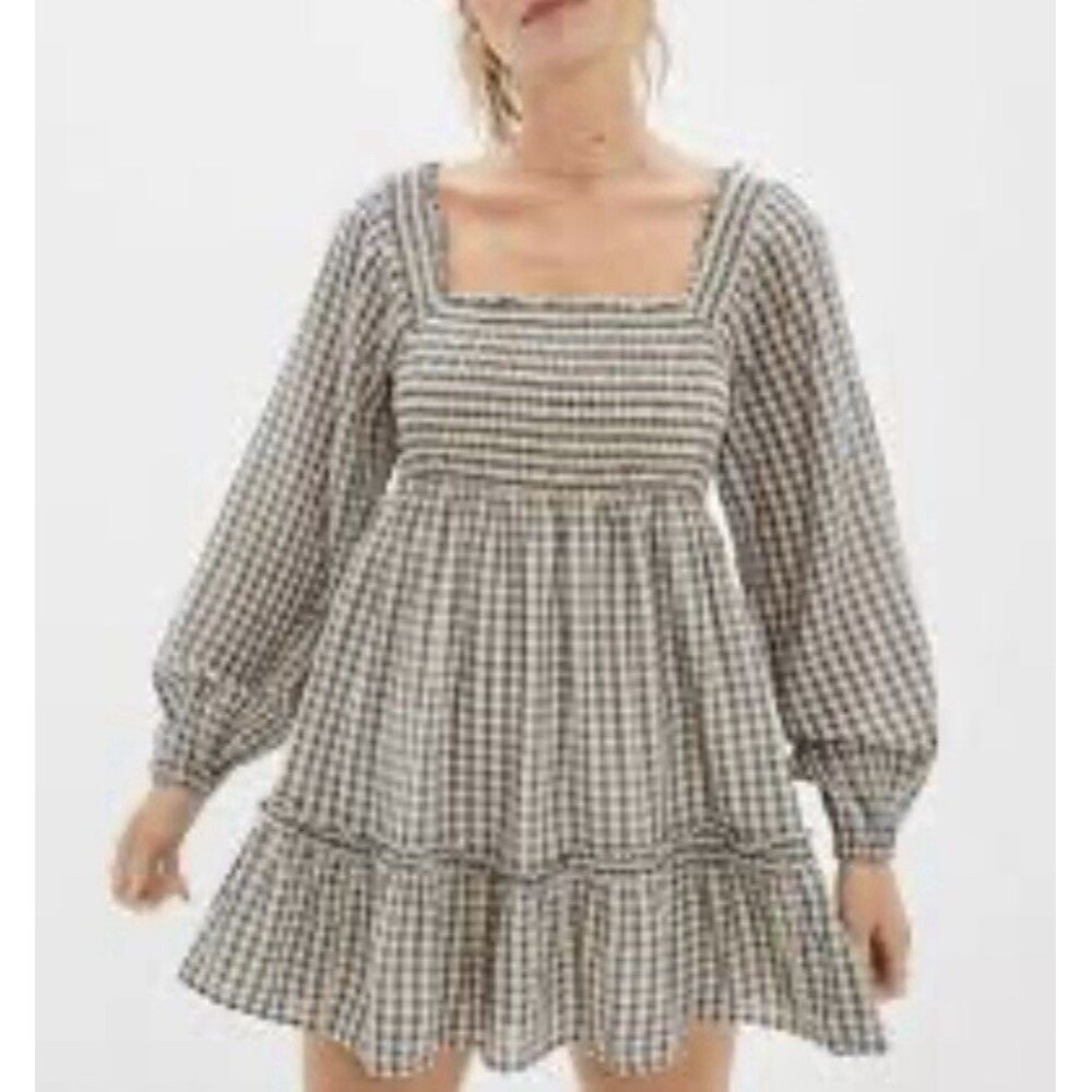 NWT American Eagle Ruched Blue White Yellow Long Sleeve Plaid Prairie Dress XS